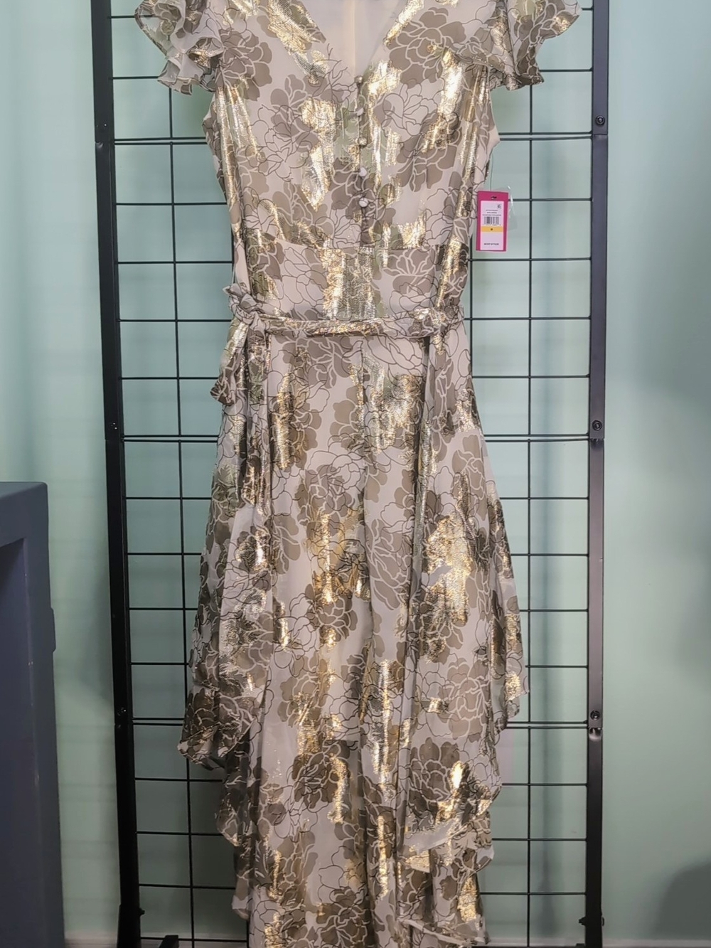 Vince Camuto Metallic Gold Floral Asymmetrical Maxi Dress Size M NWT